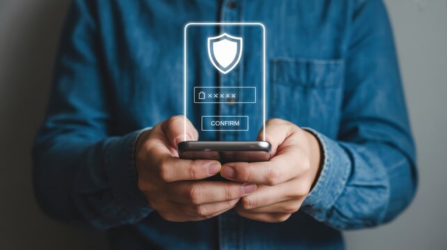 Person holding mobile device displaying secure login interface with shield emblem