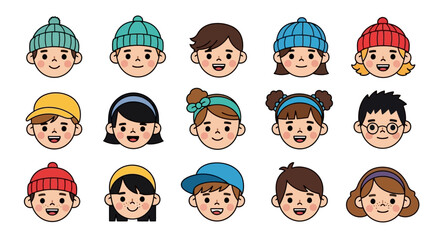 Cute and Diverse Cartoon Children Faces Vector Illustration Set for Educational Materials