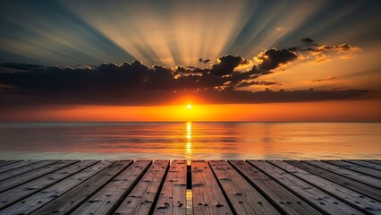 Golden sun rays burst through clouds over a calm sea at sunrise, with a wooden dock providing a path to the tranquil and hopeful horizon