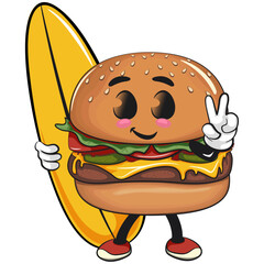 cute burger mascot character with surfboard and gave a peace sign, happy cartoon burger vector illustration, work of hand drawn