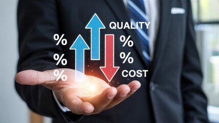 Business professional displays holographic chart indicating improvement in quality and reduction in expense
