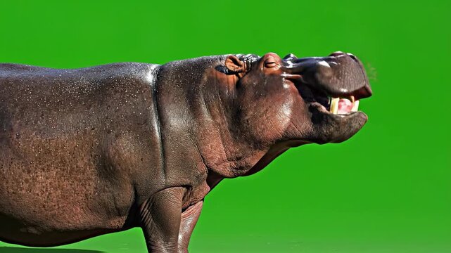 Hippopotamus. Large hippopotamus. Brown hippopotamus. Angry hippopotamus. Mammal. Wild animal. Green background.