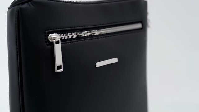 Detailed view of a sleek black crossbody bag with silver zipper and hardware accents