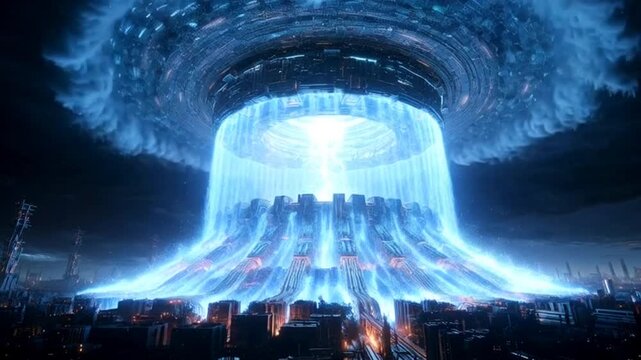 Futuristic city under attack by an alien force with energy beams and lightning strikes