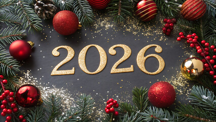 Glittery 2026 number surrounded by festive christmas tree branch