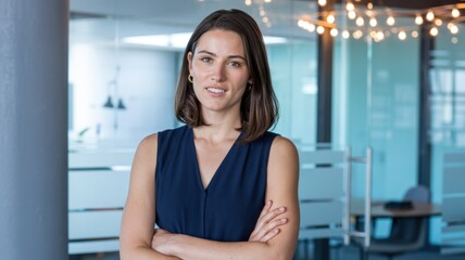 Fototapeta premium Portrait of a confident woman with crossed arms in a modern office setting looking at the camera