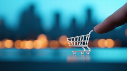 e commerce Shopping Cart Icon A finger about to tap a shopping cart icon on a touchscreen, symbolizing adding items to an online cart and completing a purchase.