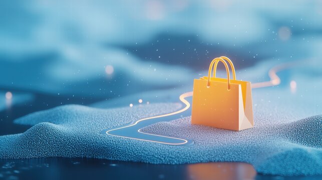 e commerce Shopping Bag A shopping bag icon on a smartphone screen, with a map showing the delivery route, representing online order tracking and delivery services.