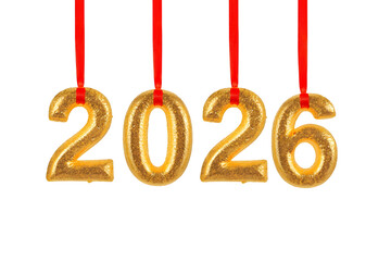 Golden year 2026 numbers hanging by red ribbons isolated on transparent background