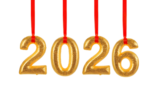 Golden year 2026 numbers hanging by red ribbons isolated on transparent background