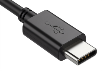 Câble usb noir avec connecteur type c en gros plan, fond détouré transparent