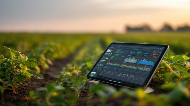 Digital Farming Technology on Tablet in Agricultural Field with Growing Crops in Beautiful Nature Setting at Sunset - Powered by Adobe