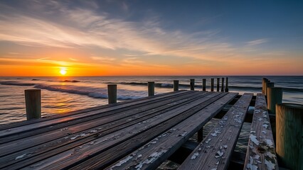 Fototapeta premium A tranquil golden sunset over the serene ocean from the perspective of a rustic wooden pier