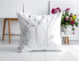 Soft white cushion with subtle grey floral design, placed on a surface