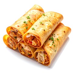 Stack of savory, rolled food items, featuring filling