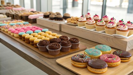 A vibrant display of various sweet treats, including colorful cupcakes, chocolate muffins, and glazed donuts, neatly arranged on wooden trays