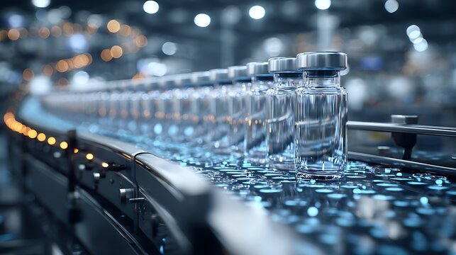 Glass Vials Moving on Conveyor Belt in Pharmaceutical Production Factory