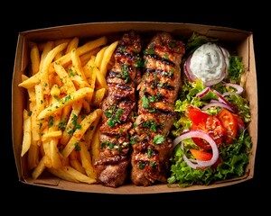 Delicious Grilled Meat Skewers with Golden Fries and Fresh Salad in a Cardboard Container on Dark Background Top Down View