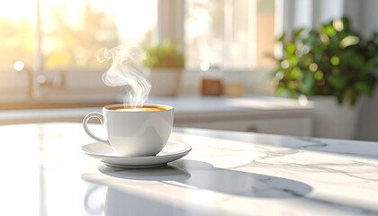 Steaming cup of coffee sits on a marble countertop in a bright kitchen