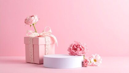 Still life of a gift, pedestal, and various pink flowers