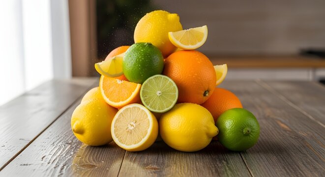 Citrus fruits in vibrant display on wooden tabletop with refreshment and health