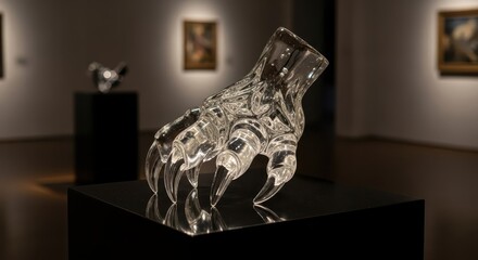 Sculpted glass representation of a predatory limb rests illuminated on a dark pedestal within an exhibition space.