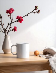 Still life of a mug, egg, vase, branch on a wooden table