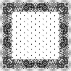 Bandana paisley square ethnic floral hand drawn pattern.Ornament classic vintage vector elements black on white background.Design for scarf,headscarf,kerchief,hijab,tablecloth,print fabric,decoration.