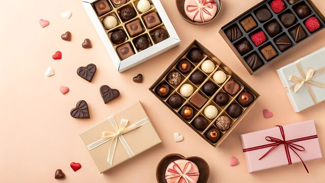 A delightful topdown view of assorted gourmet chocolates in elegant gift boxes, with scattered heartshaped candies, ideal for valentines day or a sweet celebration