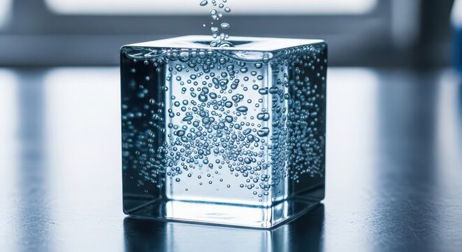Transparent solid object filled with effervescent bubbles receives a continuous liquid infusion