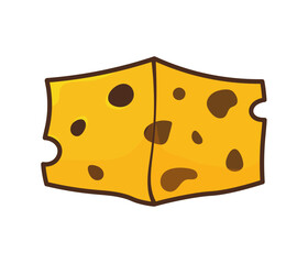 Block of yellow cartoon cheese with dark brown holes, featuring a central division line and rough edges suggesting a sliced wedge.