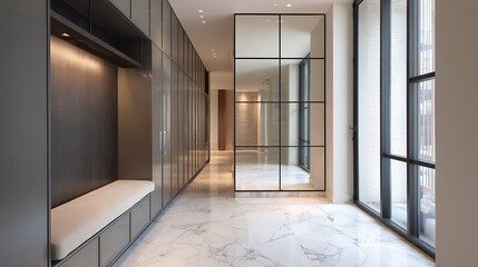 Modern Interior Hallway with Marble Floor and Custom Gray Cabinetry