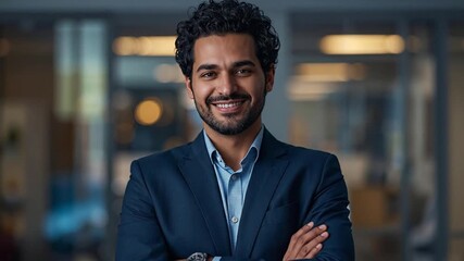 Happy Young Professional Man with a Confident Smile and Crossed Arms in a Modern Office Environment