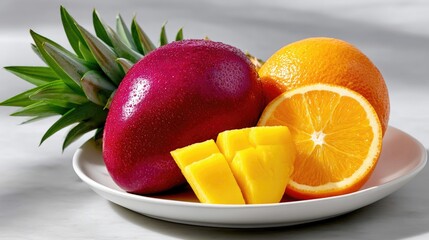 A white plate holds a variety of fresh tropical fruits including a whole mango, sliced mango cubes, a whole orange, and a sliced orange, with water droplets on