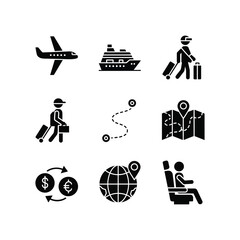 Obraz premium Travel and Tourism Icon Set plane cruise ship passenger luggage baggage route map location globe currency exchange dollar euro seat