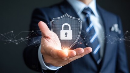 Business professional presents digital security shield with glowing padlock icon above open palm
