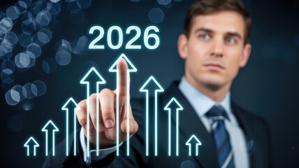 Businessman interacts with futuristic digital interface displaying upward growth projections for the year twenty twenty six
