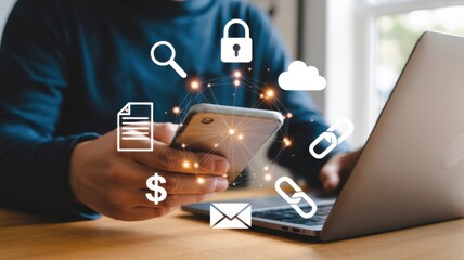 Person interacts with mobile device surrounded by glowing digital data icons near open portable computer