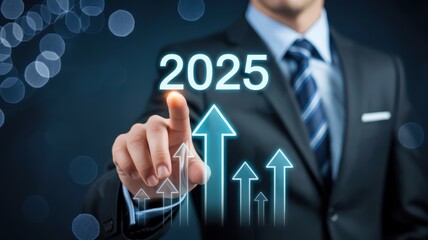 Businessman interacts with digital display showing year two thousand twenty five and upward trending arrows