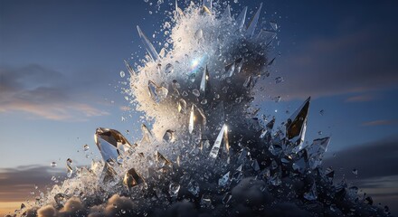 Massive crystalline structure explodes upward against a twilight sky backdrop