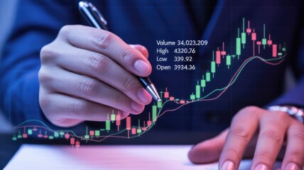 Professional pointing at digital  market candlestick chart displaying financial data analysis
