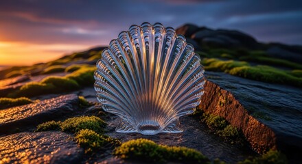 Translucent sculpted mollusk shell rests upon rugged, moss-covered terrain at twilight