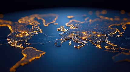 A digital representation of the world map, illuminated by glowing orange lights that highlight cities and interconnected networks across continents. The dark bl