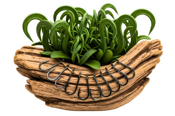 Fishing hooks hanging on driftwood planter with green leaves isolated on a transparent background