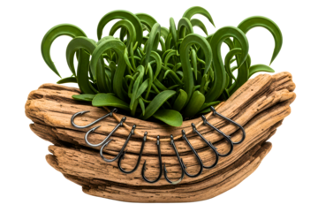 Fishing hooks hanging on driftwood planter with green leaves isolated on a transparent background
