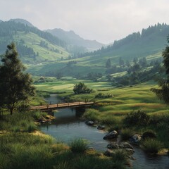 Naklejka premium Wooden Bridge by the Stream in the Green Valley