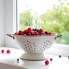 Mixed berries being washed in a colander by a bright window
