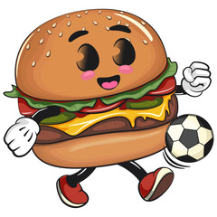 cute burger mascot character playing football or soccer, happy cartoon burger vector illustration, work of hand drawn