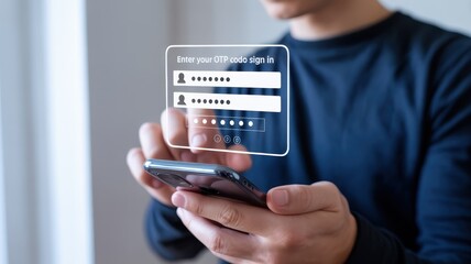 Person interacts with holographic screen displaying security code entry fields above a mobile device