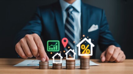 Business professional adjusts stack of coins beneath glowing property icons representing finance and investment growth